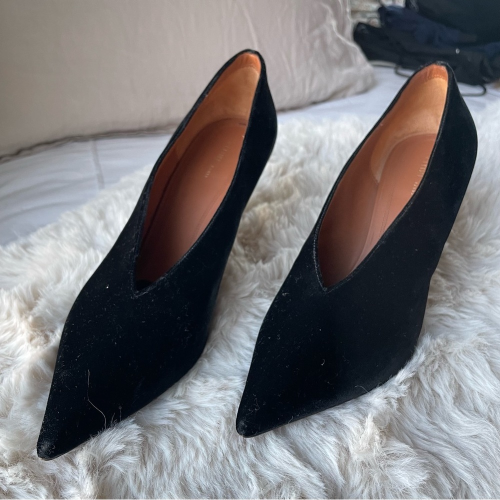 SOLD Celine Black Velvet V-neck Heels Pumps Size 38.5